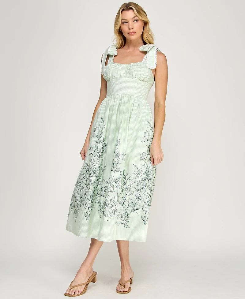 Row A Women's Tie Shoulder Fit & Flare Midi Dress