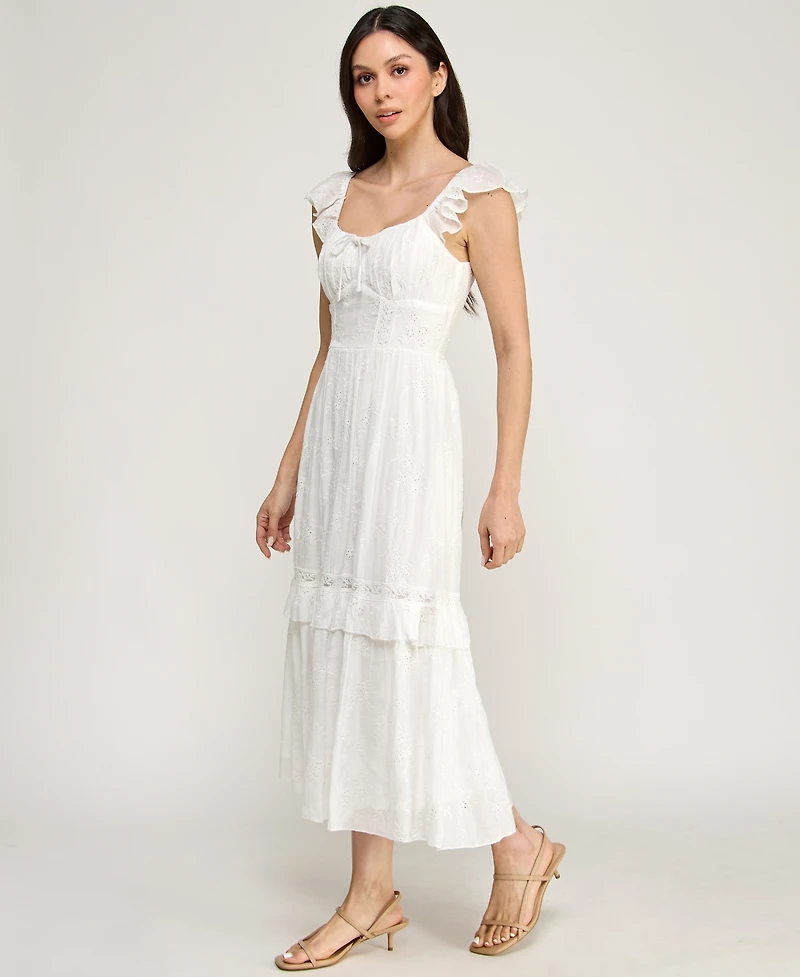 Row A Women's Flutter Sleeve Embroidered Midi Dress