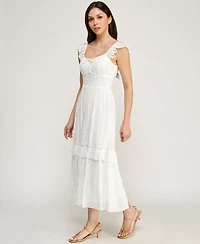 Row A Women's Flutter Sleeve Embroidered Midi Dress