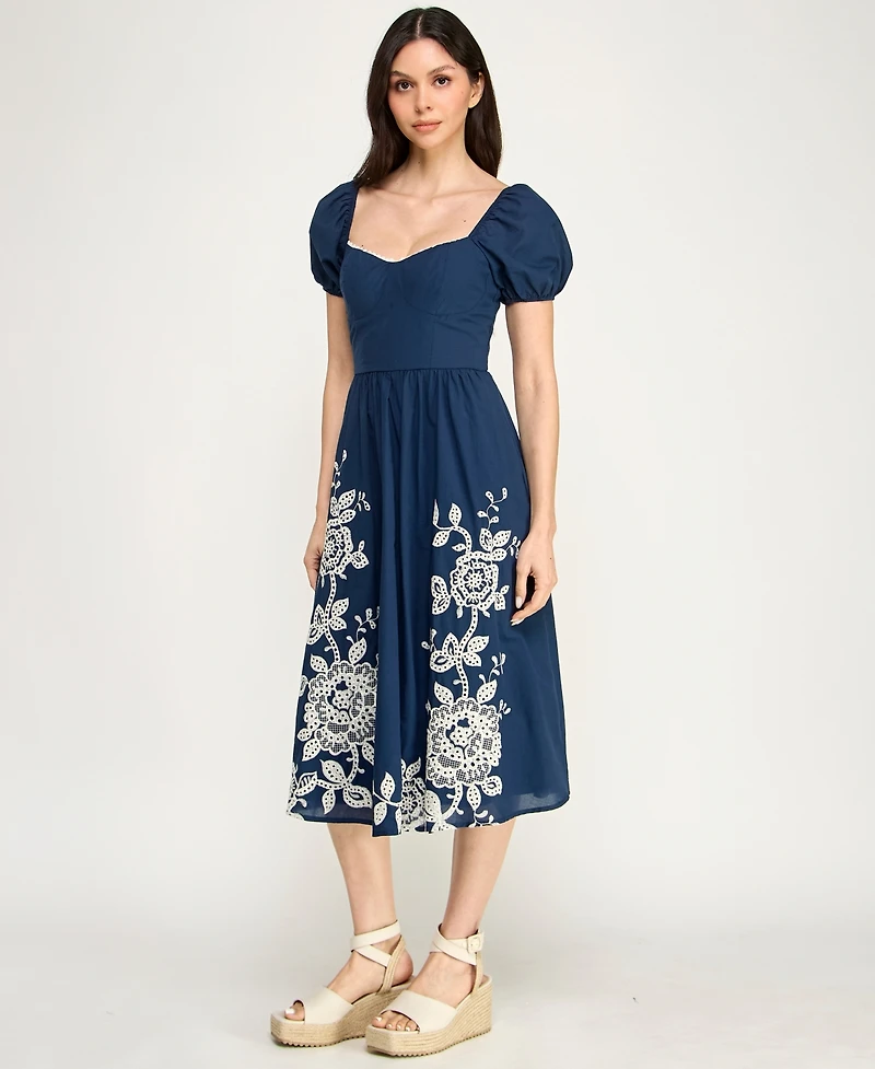 Row A Women's Embroidered Sweetheart Neck Midi Dress