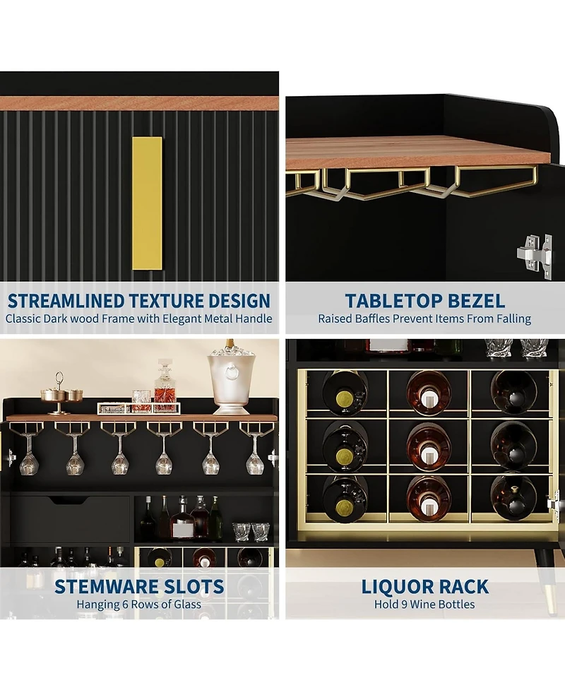 gaomon Modern Small Sideboard Buffet Cabinet with Fluted Doors, Wine Bar & Coffee Liquor Rack and Glass Holders