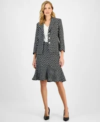 Kasper Womens Polka Dot Jacquard Blazer Ruffle Trim V Neck Top Polka Dot Flared Hem Pencil Skirt Regular Petite