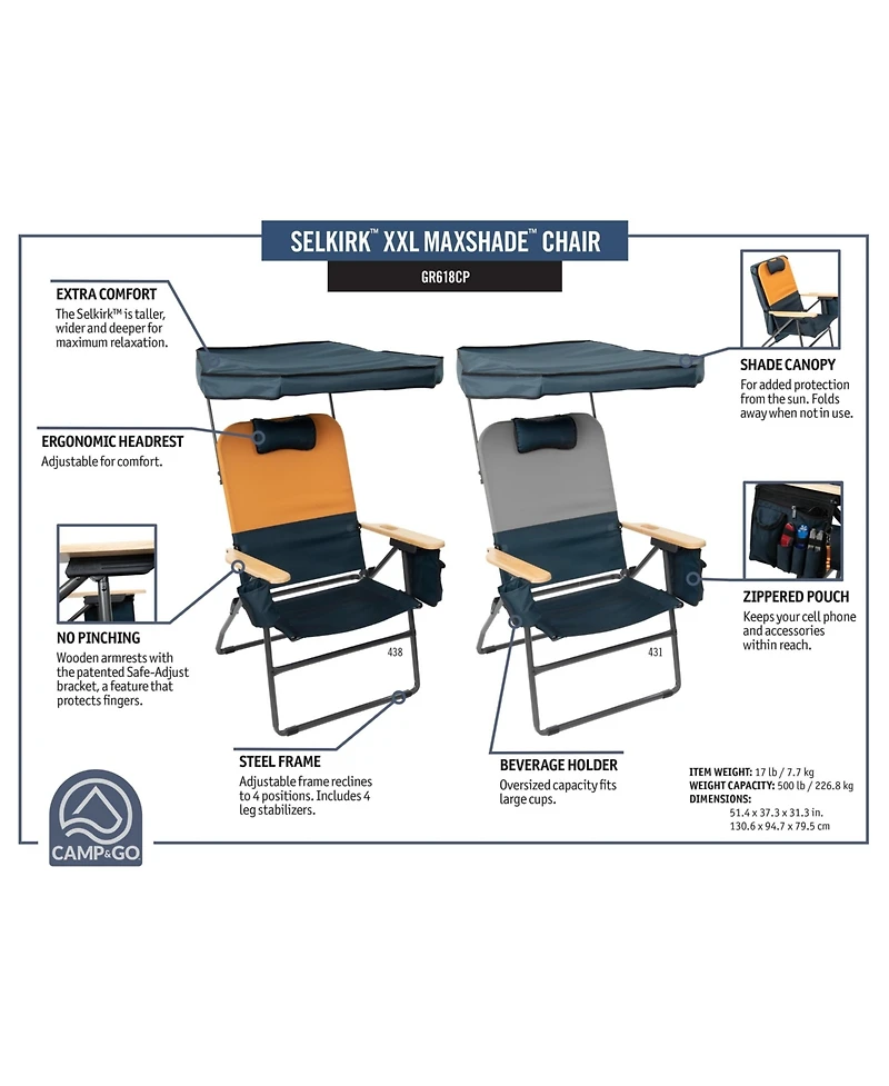 Camp & Go Selkirk 3 x 3 x 4 ft Orange Comfort Camp Chair