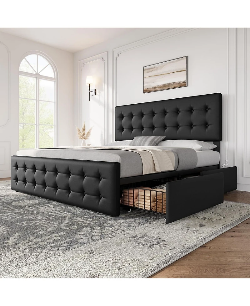 gaomon Bed Frame with Headboard and 4 Storage Drawers, Square Stitched Button Tufted Platform