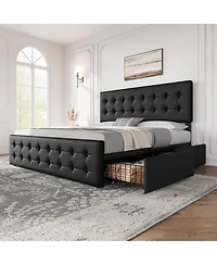 gaomon Bed Frame with Headboard and 4 Storage Drawers, Square Stitched Button Tufted Platform