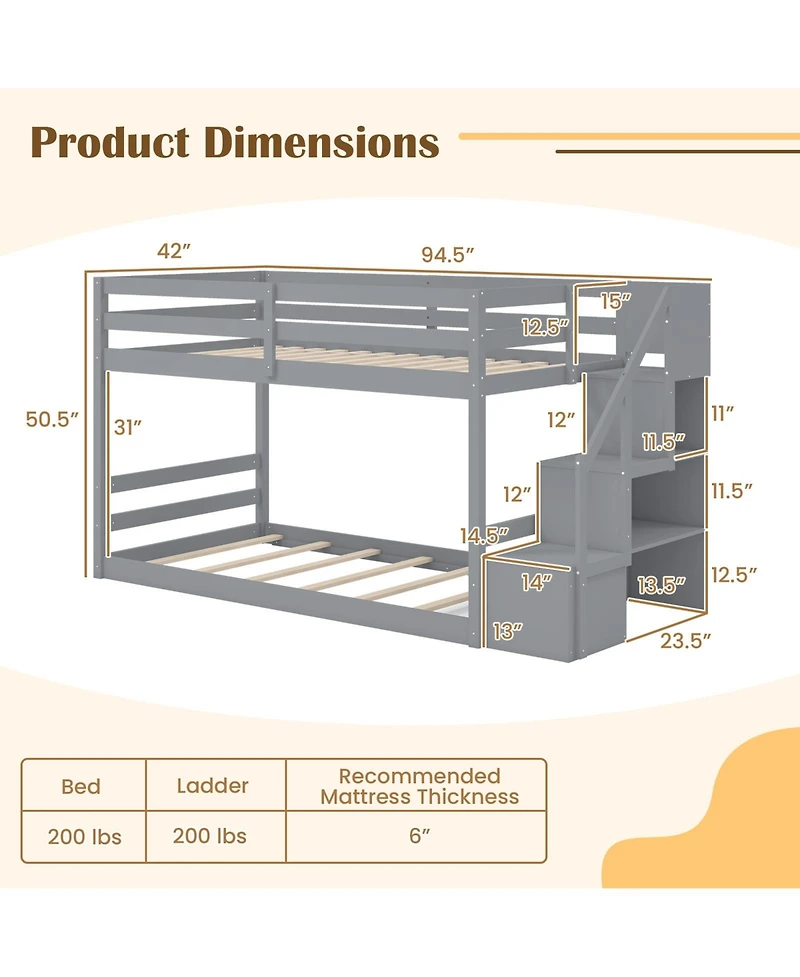 Slickblue Twin Over Bunk Bed with Storage Stairs, Solid Wood Frame