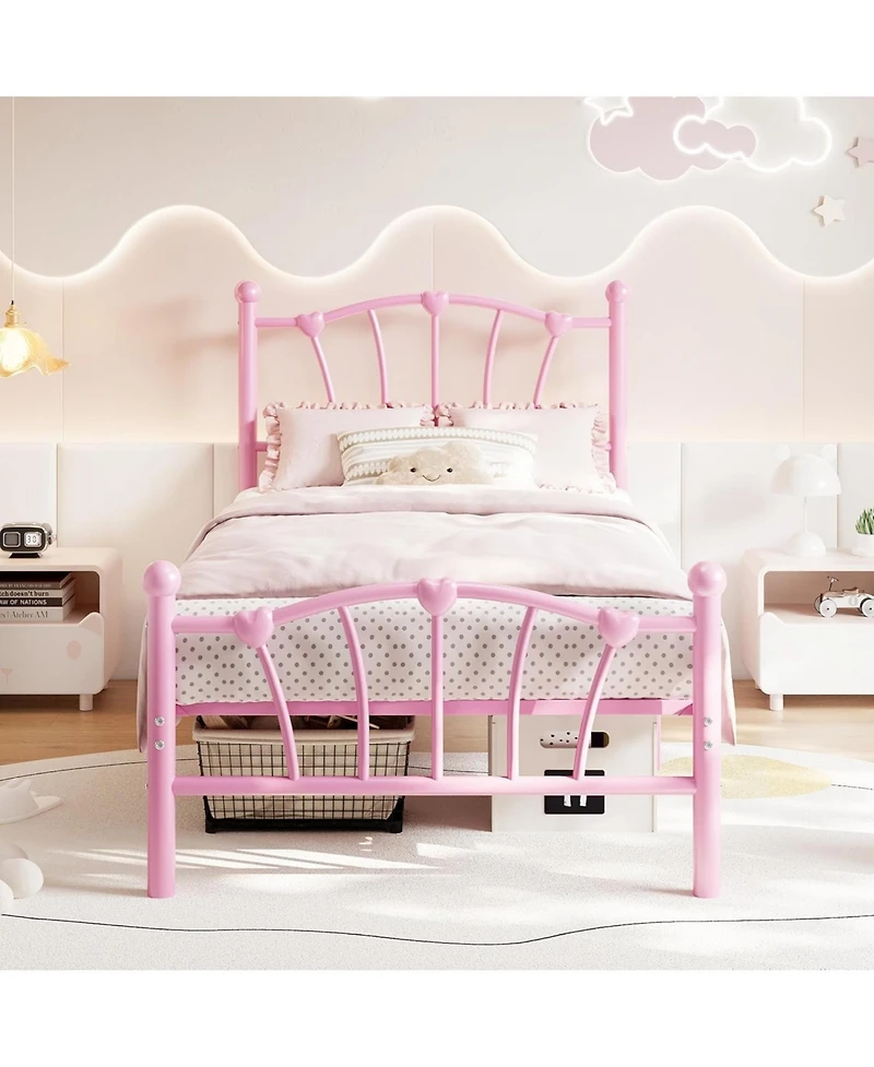 gaomon Twin Bed Frame for Girls, Heart-Shaped Headboard & Footboard, Heavy-Duty Metal Slat Support, No Box Spring, Easy Assembly