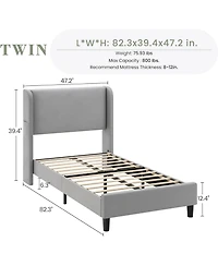 gaomon Twin Bed Frame with Wingback Headboard, Vertical Stripe Velvet Upholstery, 2 Storage Pockets, Wood Slats