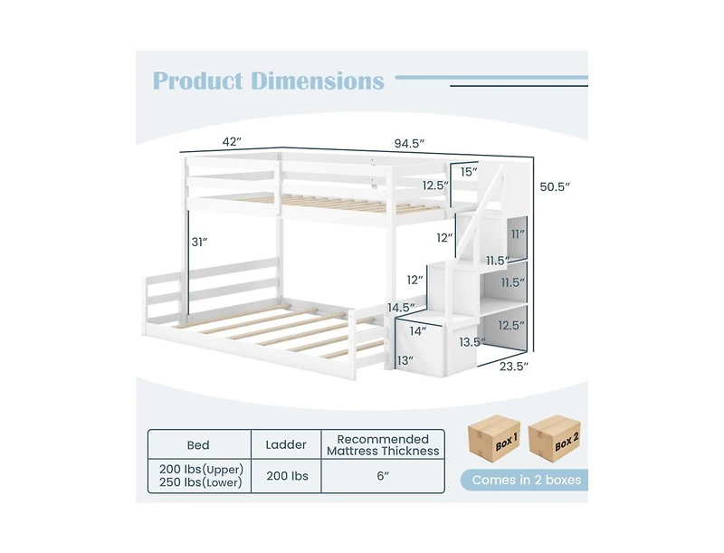 Solid Wood Twin-Over-Full Bunk Bed with Stair Storage