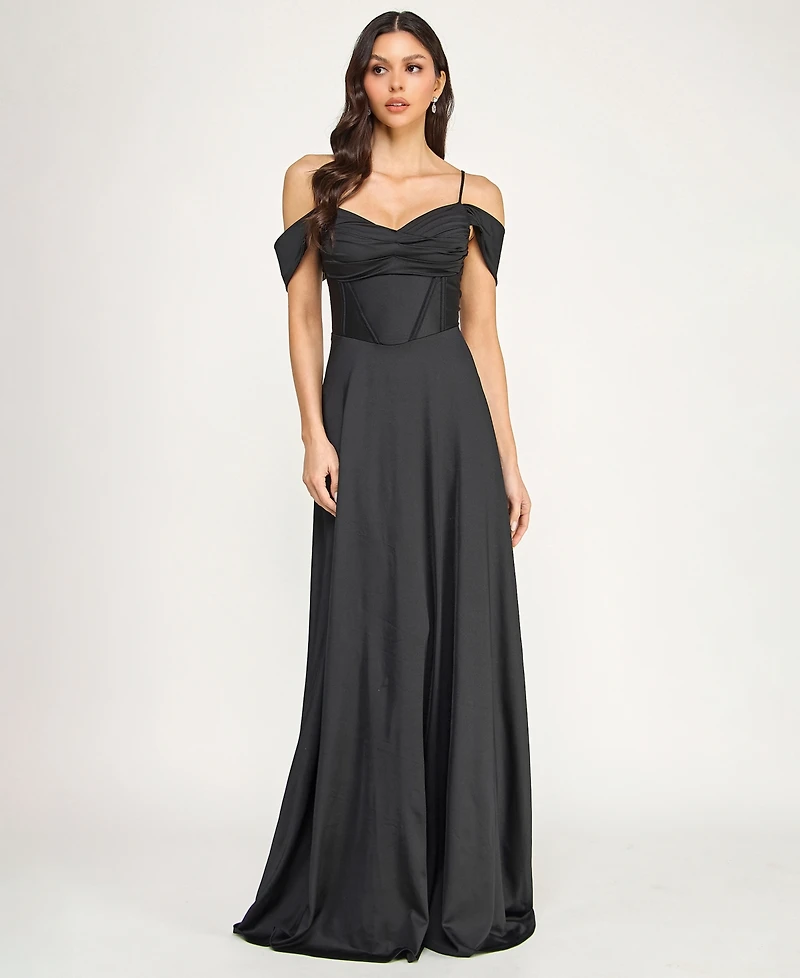 City Studios Juniors' Off-The-Shoulder Lace Up Back Gown