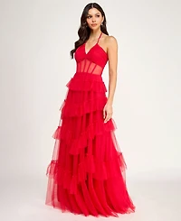 City Studios Juniors' Corset Halter Ruffle Tier Skirt Gown