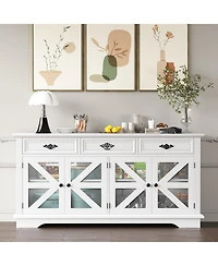 Gaomon white 63" kitchen buffet cabinet with glass display, 3 drawers, charging station, and mesh barn doors.