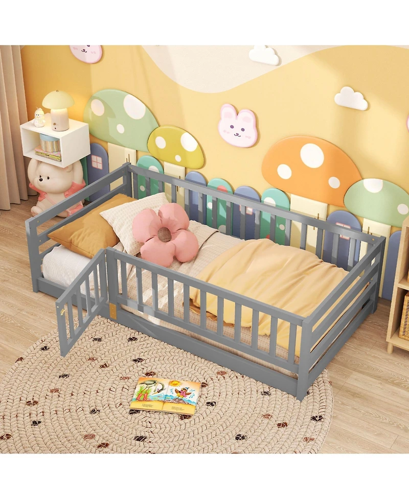 Slickblue Kids Twin Floor Bed with Safety Fence and Playhouse Door - 41