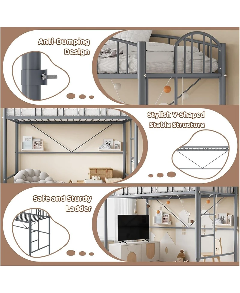 gaomon Metal Loft Bed, Steel Frame, Arched Guardrails, Ladder, Space-Saving