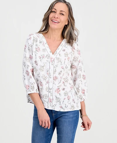 Style & Co Petite Cotton Gauze Printed 3/4-Sleeve Top, Macy's Exclusive