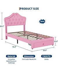 gaomon twin pink upholstered bed with Led lights, drawer, crystal headboard
