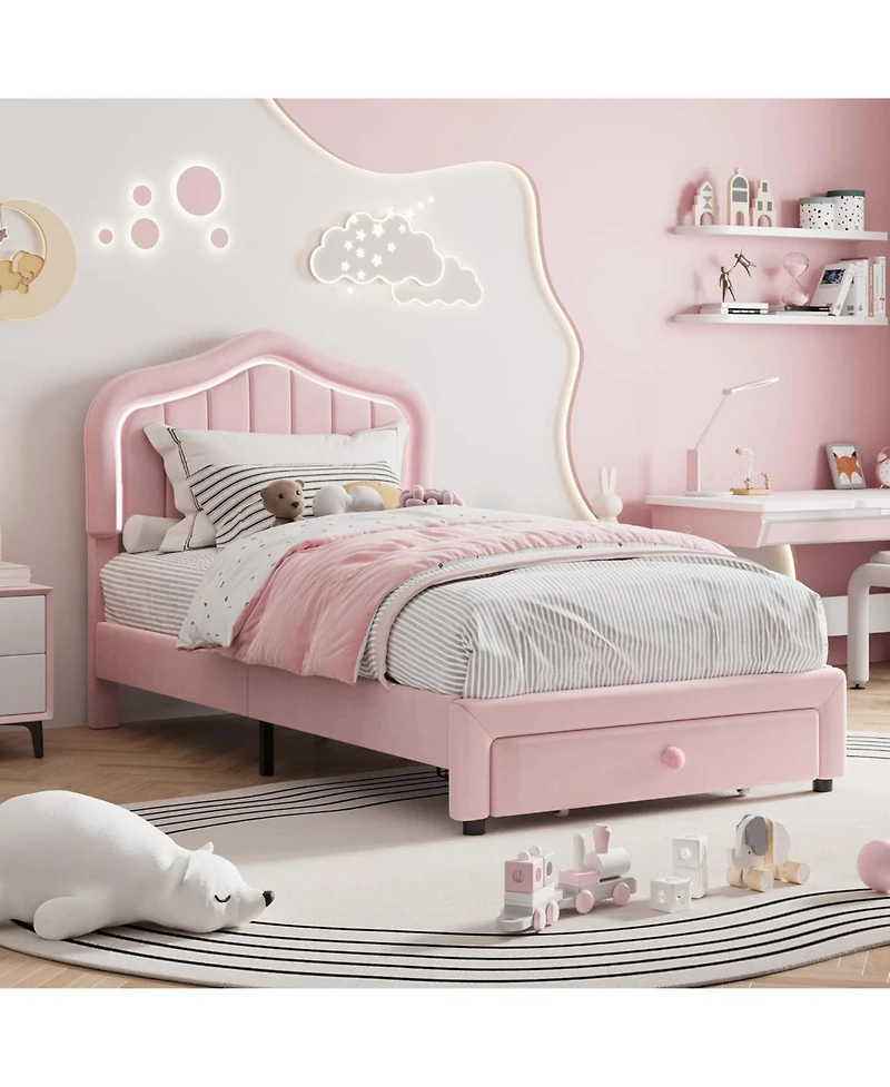 gaomon Twin Led Upholstered Bed Frame with Storage Drawer, Velvet Princess Platform for Kids