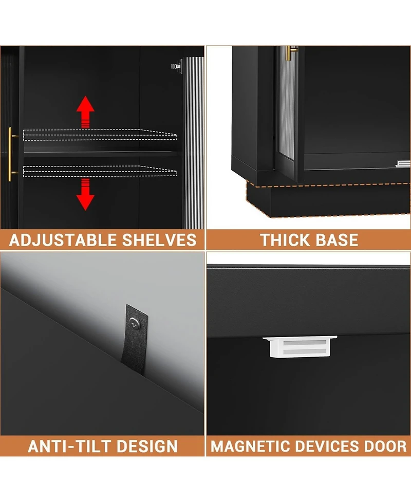 gaomon Buffet Cabinet with Storage, Large Sideboard Buffet Table with 4 Fluted Glass Doors & Adjustable Shelf,Modern Glass Sideboard for Living Room