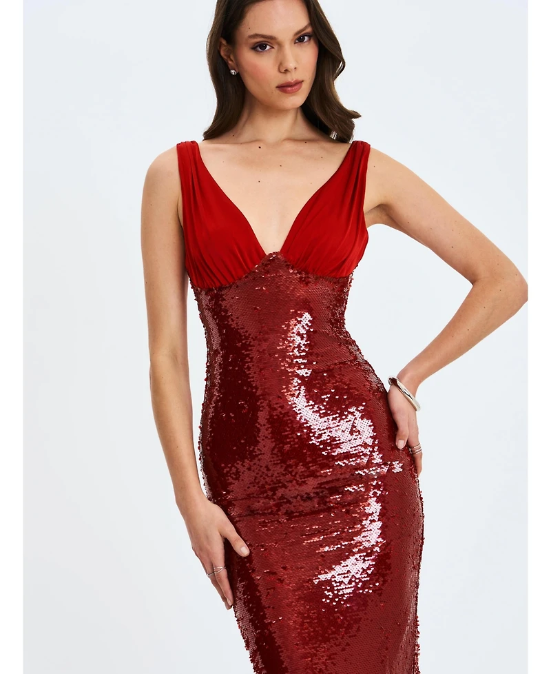 Miss Circle Women's Shanelle Crimson Sequin Plunging Midi Dress