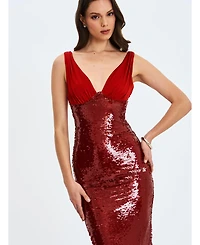 Miss Circle Women's Shanelle Crimson Sequin Plunging Midi Dress