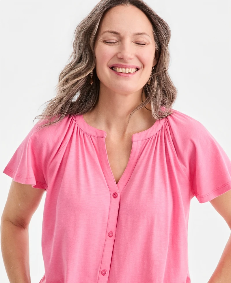 Style & Co Women's Flutter-Sleeve Gathered-Neck Top, Exclusively at Macy's