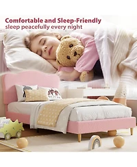 gaomon Twin Kids Velvet Bed Frame with Scallop Headboard, Upholstered Platform, Wood Slats