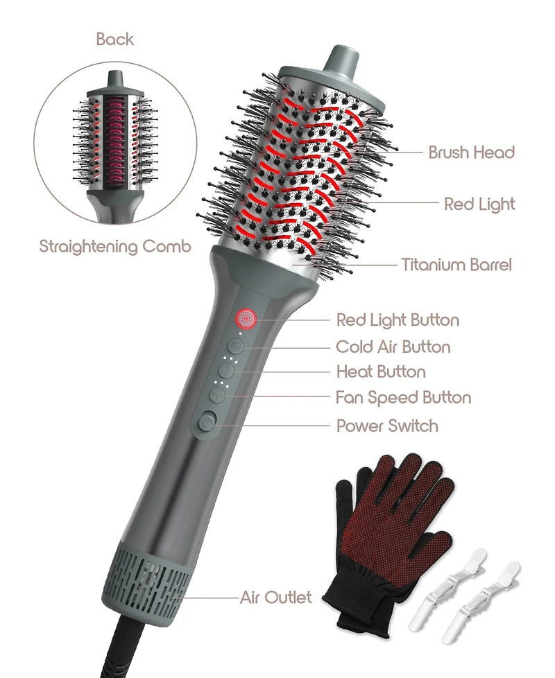 Tzumi Red Light 5-in-1 Dryer Brush and Heat Comb