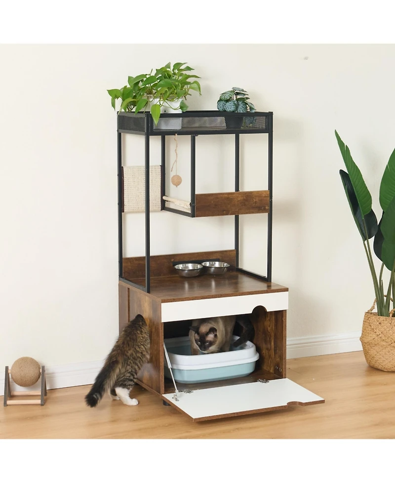 Cozito Cat Litter Box Enclosure Cabinet with Cat Tree Tower, Feeding Station, and Scratching Pads