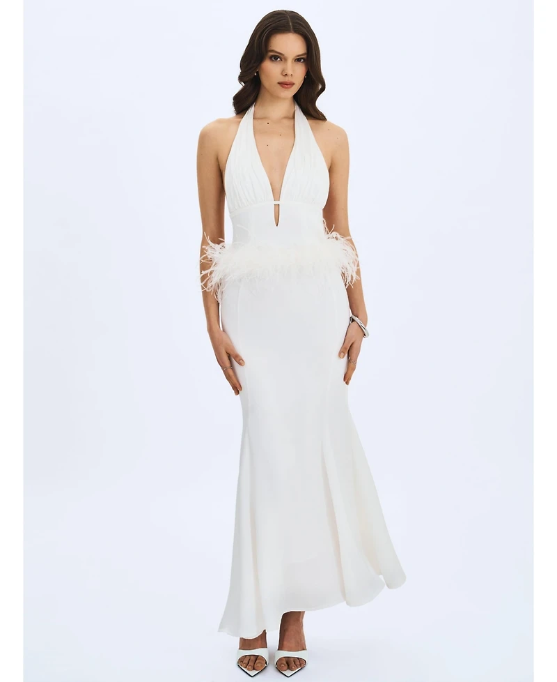 Miss Circle Women Solene Pleated Halter Backless Feather-Trim Maxi Dress