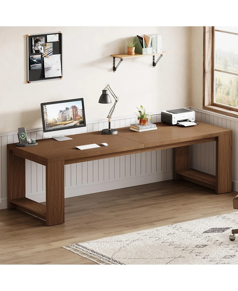 Tribesigns 2 Person Desk, 86.6 Inches Extra Long Double Computer Writing Table, All Wood Large Desks Workstation for Home Office, Natural Oak