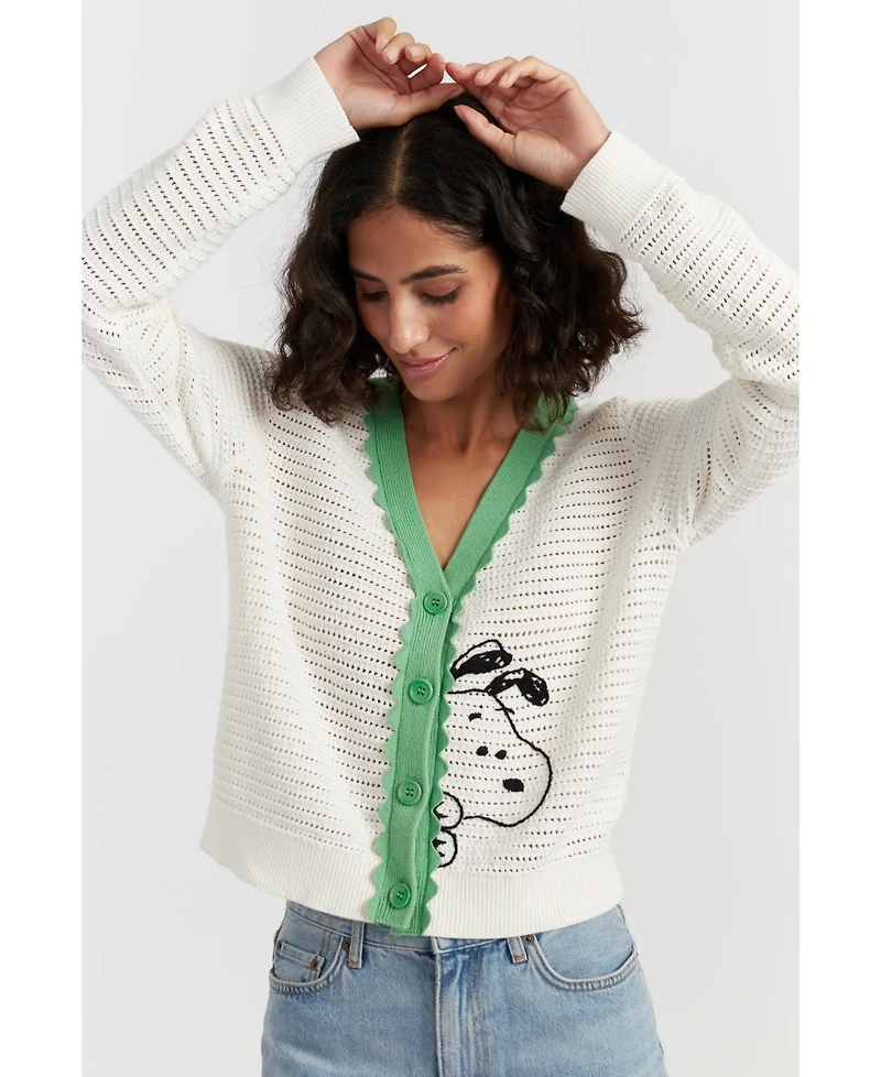 Chinti & Parker Women's Cotton Snoopy Crochet Peekabo Cardigan