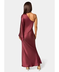 Bebe Women's One Shoulder Bell Sleeve Satin Maxi Dress