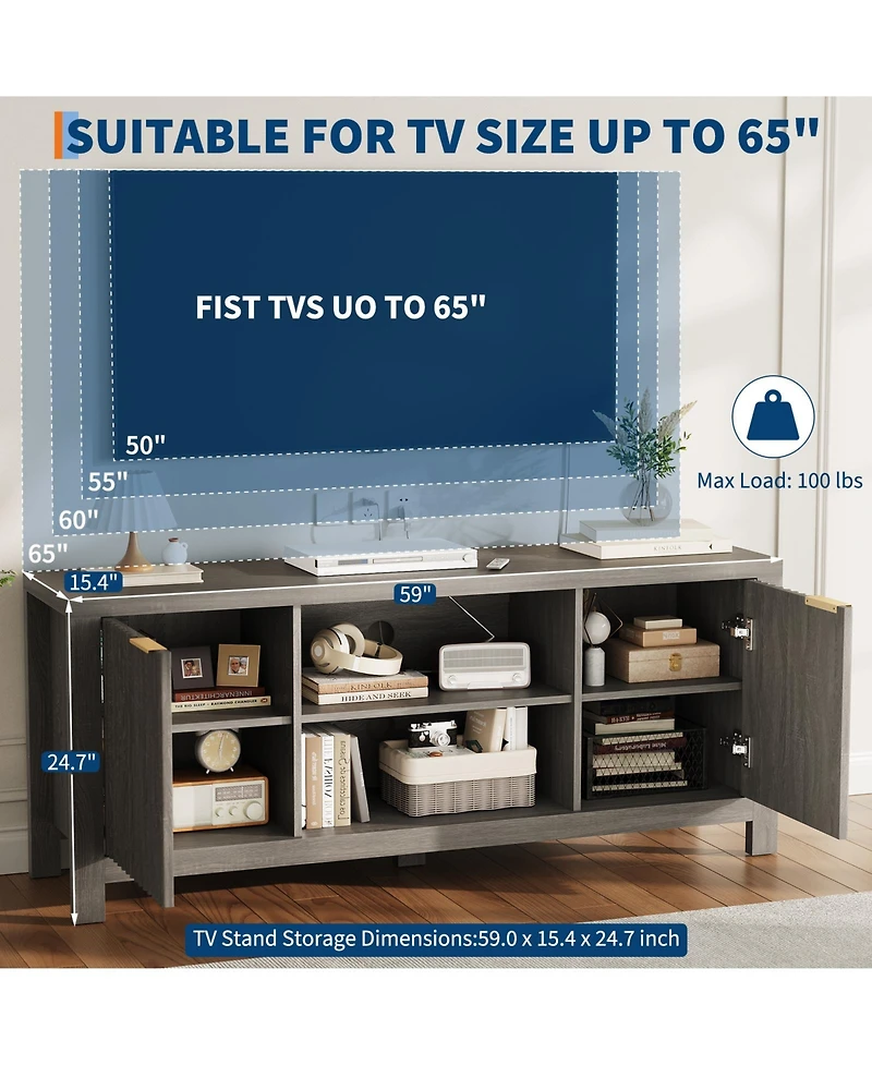 Gaomon Heavy-Duty Tv Stand for 65 Inch TVs, Versatile Entertainment Center with 2 Storage Cabinets & Open Shelves