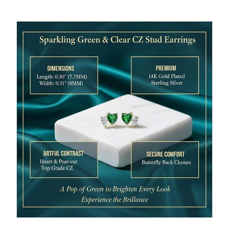 Genevive Sparkling 14K Gold Plated Green & Clear Cz Stud Earrings