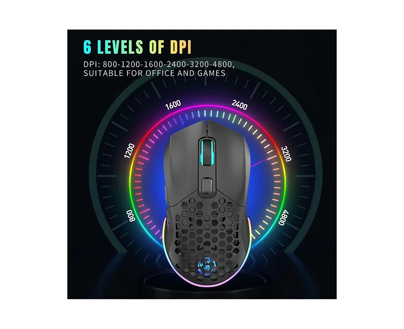 Risokeys Dual-Mode Wireless Gaming Mouse, 2.4G + Bluetooth 5.1, 6 Adjustable Dpi 800-4800, Rgb Backlit