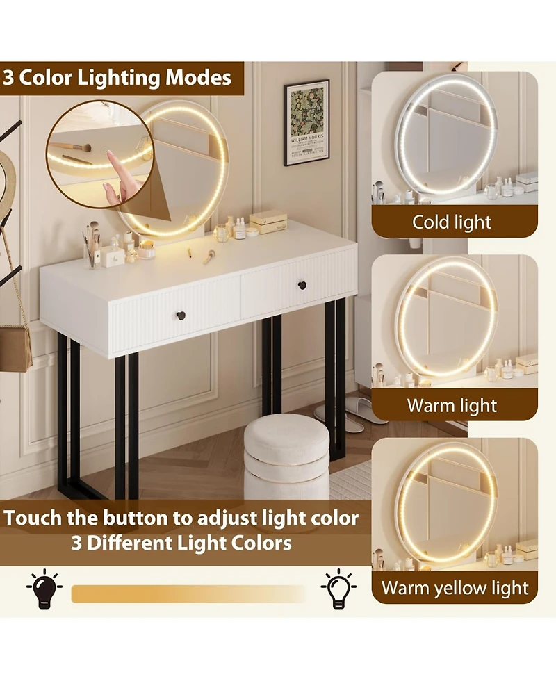 Gaomon Vanity Desk with Mirror & 3-Color Led Lights, Modern Design with Storage