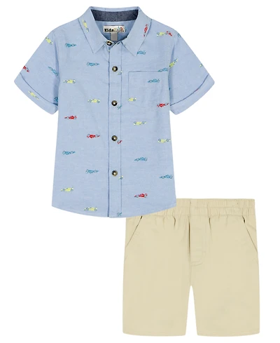 Kids Headquarters Boys' 2T-5 Short-Sleeve Racecar Print Oxford Shirt & Shorts, 2-Piece Set