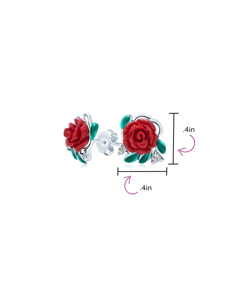 Bling Jewelry Delicate Floral Blooming Flower Cz Green Cz Leaf 3D carved Red Rose Stud Earrings Sterling Silver