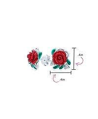 Bling Jewelry Delicate Floral Blooming Flower Cz Green Cz Leaf 3D carved Red Rose Stud Earrings Sterling Silver