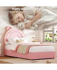 gaomon Princess Twin Bed Frame with 4 Storage Drawers, Led Lights, Velvet Platform, Rainbow Headboard, Solid Wood Slats, No Box Spring, Pink