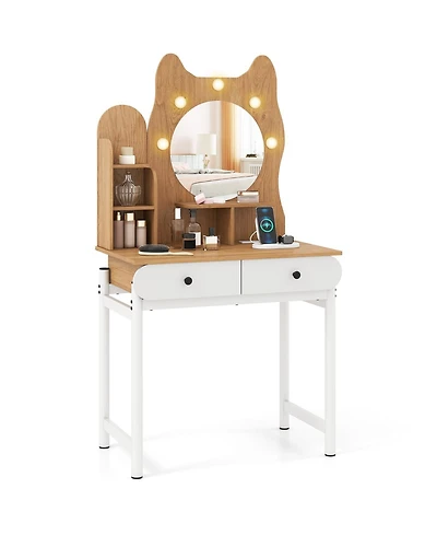 Volenca Small Kitty Vanity Desk with Lighted Mirror and Power Outlets, Makeup Table