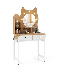 Volenca Small Kitty Vanity Desk with Lighted Mirror and Power Outlets, Makeup Table