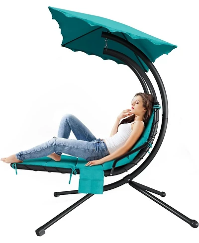 gaomon Chaise Lounger Swing Chair with Umbrella Canopy, Patio Hanging Lounge Chair with Stand, Curved Steel - Twin