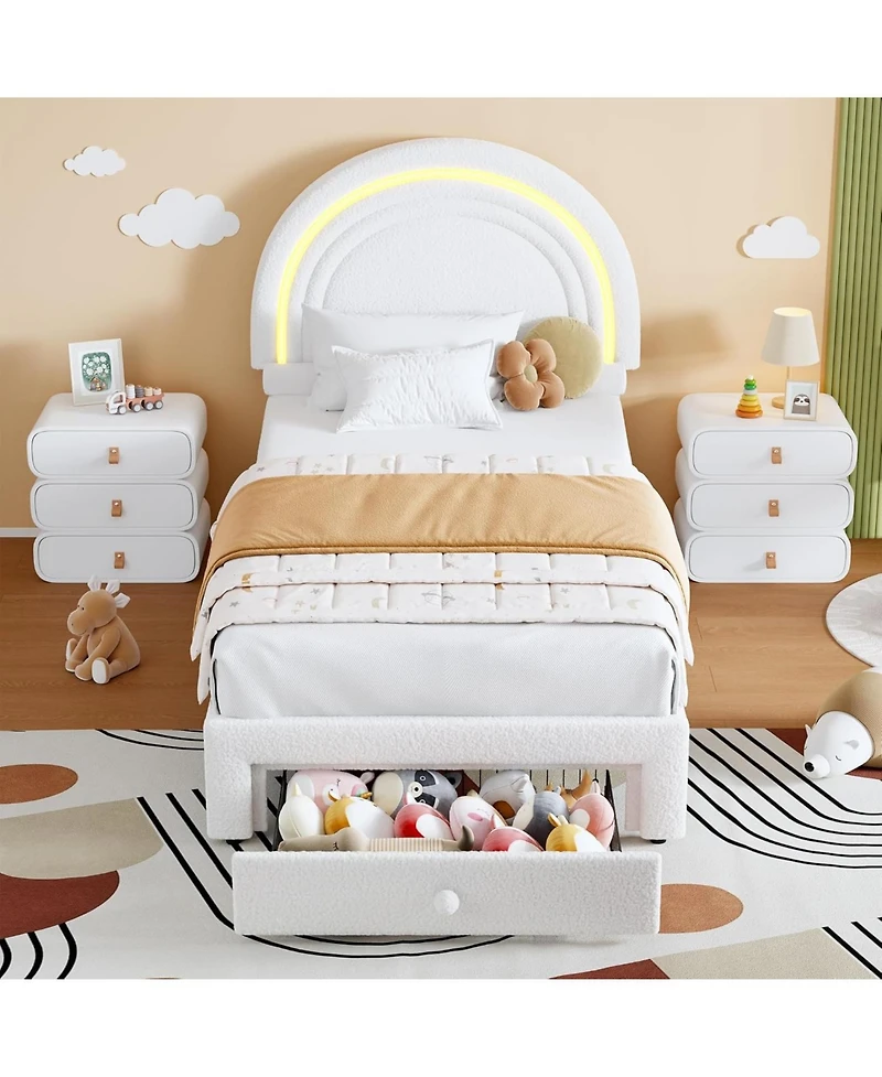 gaomon Twin Led Bed Frame with Storage Drawer, Rainbow Headboard, Fleece Princess Platform for Kids, Wood Slats
