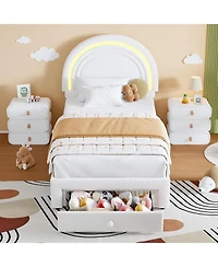 gaomon Twin Led Bed Frame with Storage Drawer, Rainbow Headboard, Fleece Princess Platform for Kids, Wood Slats