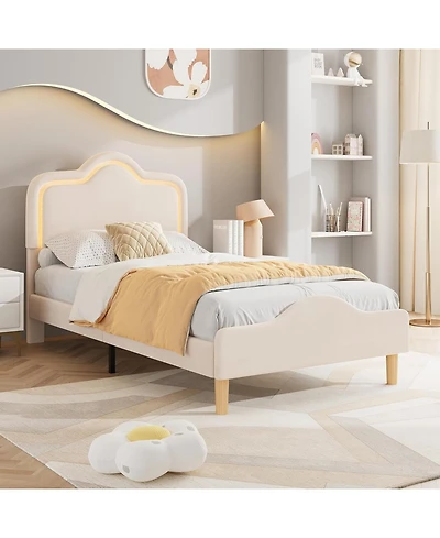 gaomon Twin Velvet Bed Frame with Led Headboard & Footboard, Princess Platform for Kids, Slats