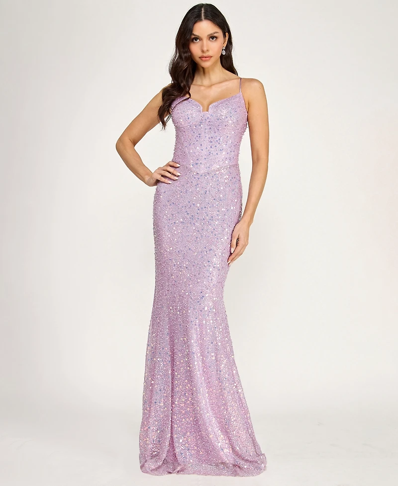 City Studios Juniors' Cracked Ice Sweetheart Neck Sequin Gown