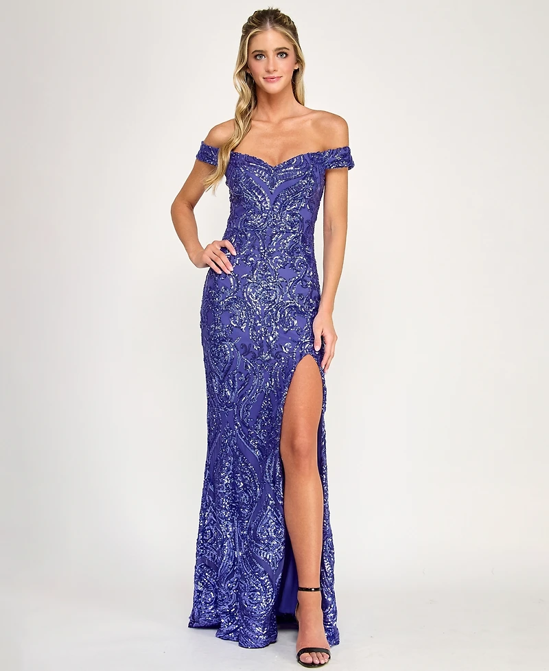 City Studios Juniors' Sequin Off-The-Shoulder Lace-Up Back Gown