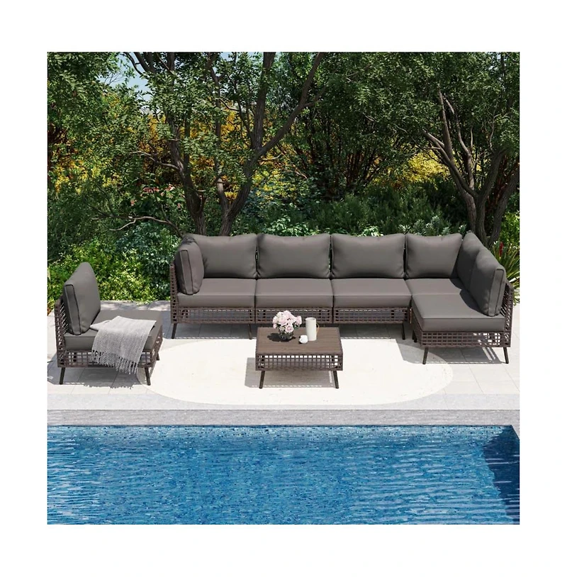 Decksplore 7 Piece Pe Wicker Rattan All Weather Cushion Patio Sectional Sofa Set