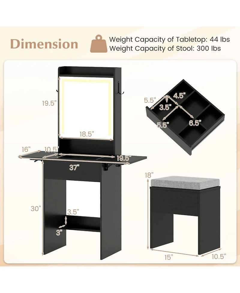 Volenca Space-Saving Vanity Desk with Lighted Mirror and Lights, Bedroom Makeup Table
